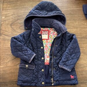 Mini Boden Navy Quilted Hooded Jacket with Floral Lining Accent